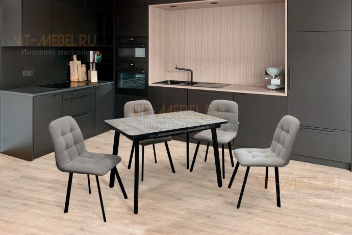 Обеденная группа Раздвижной стол Техас(Дуб Аляска/черн) и стулья Милан(Св.капуч./черн) Обеденная группа Раздвижной стол Техас(Дуб Аляска/черн) и стулья Милан(Св.капуч./черн)